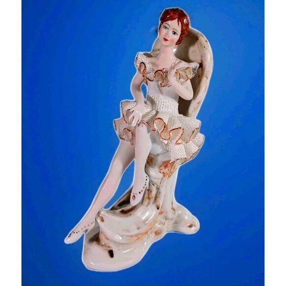 Vintage 1950s Dresden Lace Porcelain Figurine Of A Ballerina In Chair Gold Trim - Picture 1 of 15